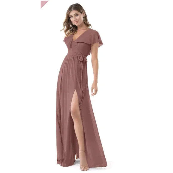 Azazie Dresses Azazie Desert Rose Jael Flutter Sleeve Vneck